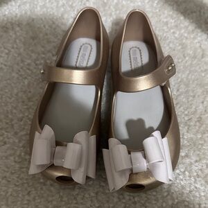 Mini Melissa Gold Mary Jane Toddler Flats with White Bows